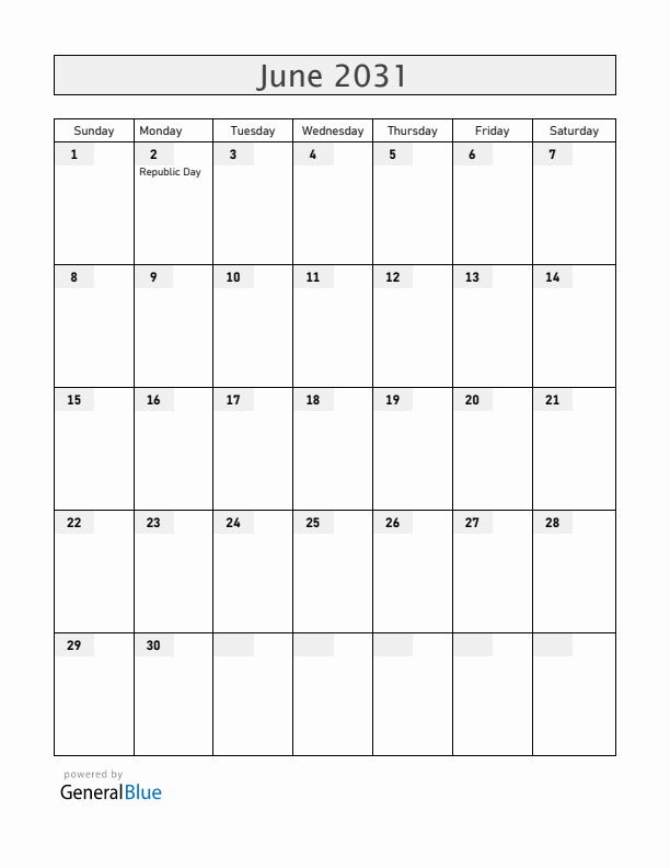 Italy June 2031 Calendar with Holidays