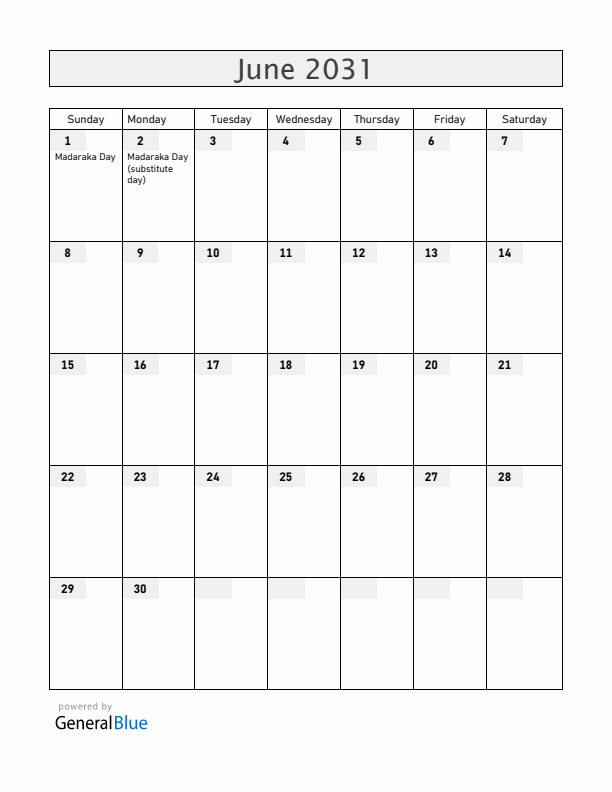 Kenya June 2031 Calendar with Holidays