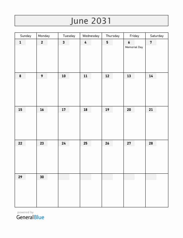South Korea June 2031 Calendar with Holidays