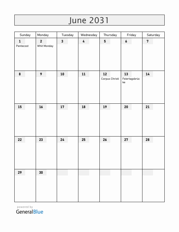 Liechtenstein June 2031 Calendar with Holidays