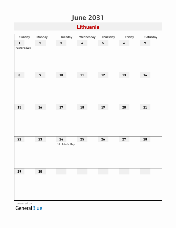 Lithuania June 2031 Calendar with Holidays
