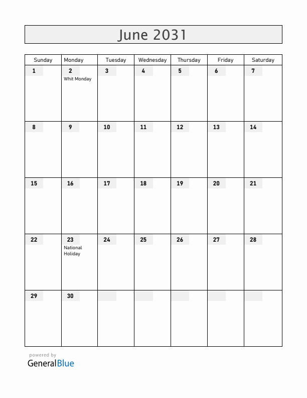 Luxembourg June 2031 Calendar with Holidays