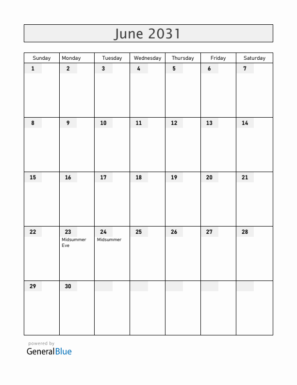 Latvia June 2031 Calendar with Holidays