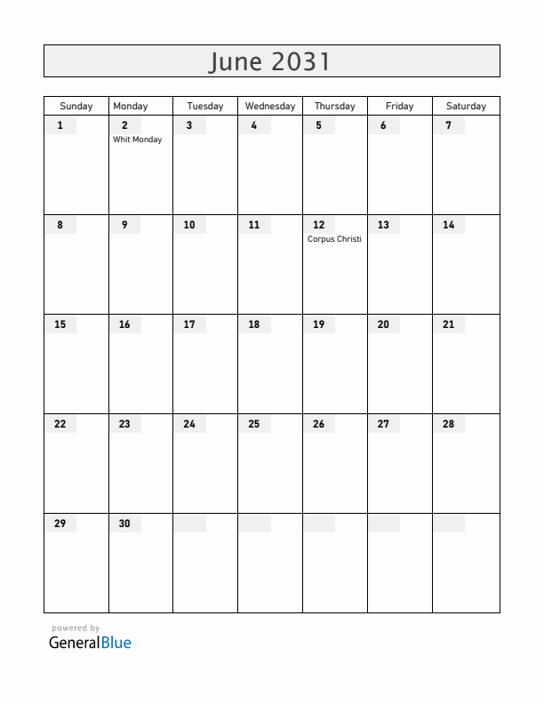 Monaco June 2031 Calendar with Holidays