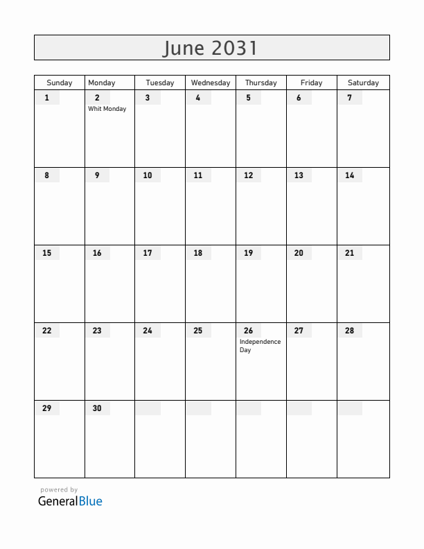 Madagascar June 2031 Calendar with Holidays