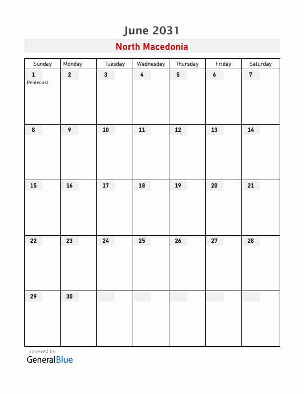 North Macedonia June 2031 Calendar with Holidays