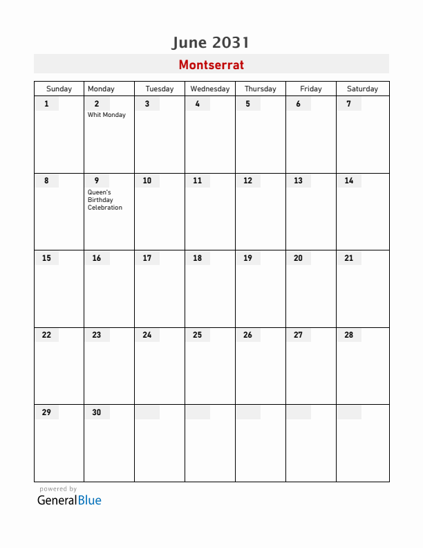 Montserrat June 2031 Calendar with Holidays