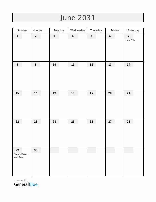 Malta June 2031 Calendar with Holidays