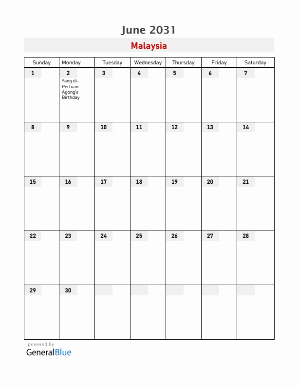 Malaysia June 2031 Calendar with Holidays
