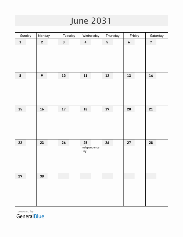 Mozambique June 2031 Calendar with Holidays