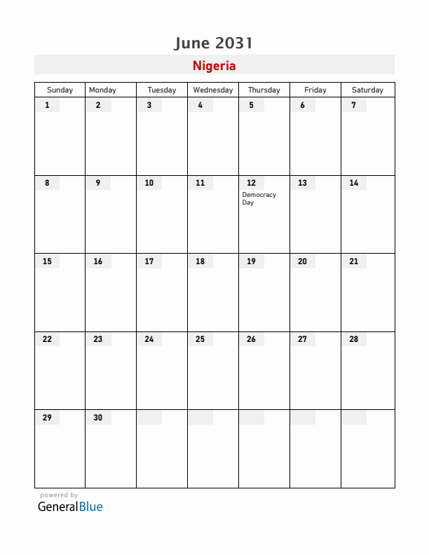 Nigeria June 2031 Calendar with Holidays