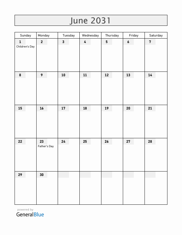 Nicaragua June 2031 Calendar with Holidays