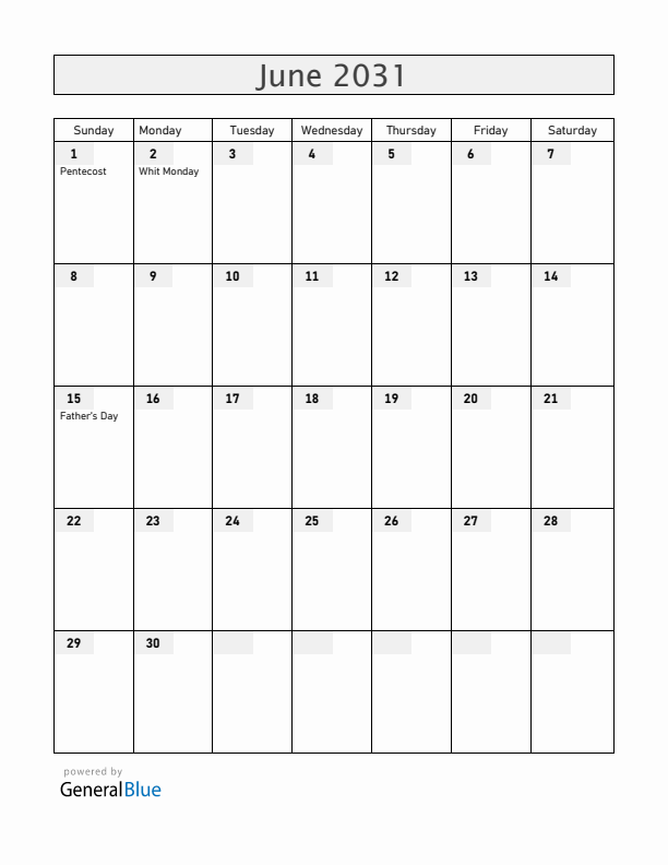 The Netherlands June 2031 Calendar with Holidays