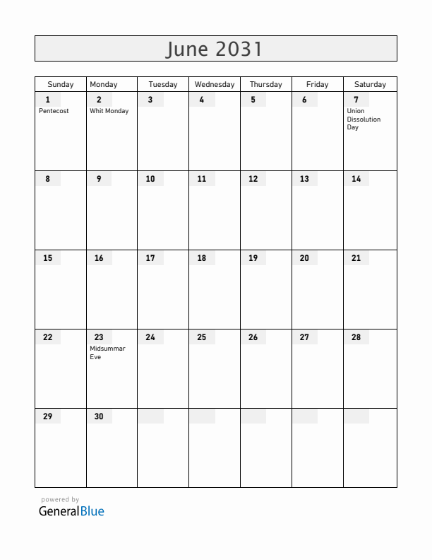 Norway June 2031 Calendar with Holidays