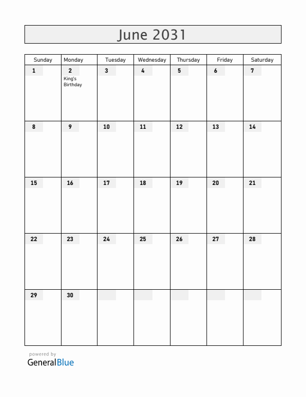 New Zealand June 2031 Calendar with Holidays