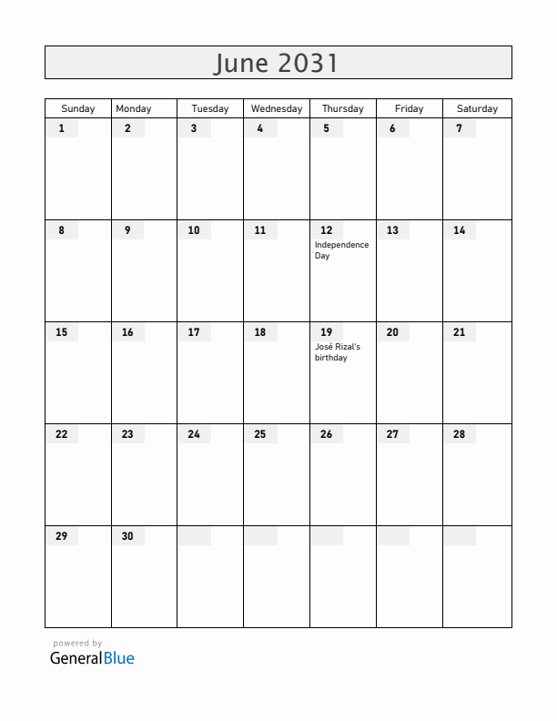 Philippines June 2031 Calendar with Holidays