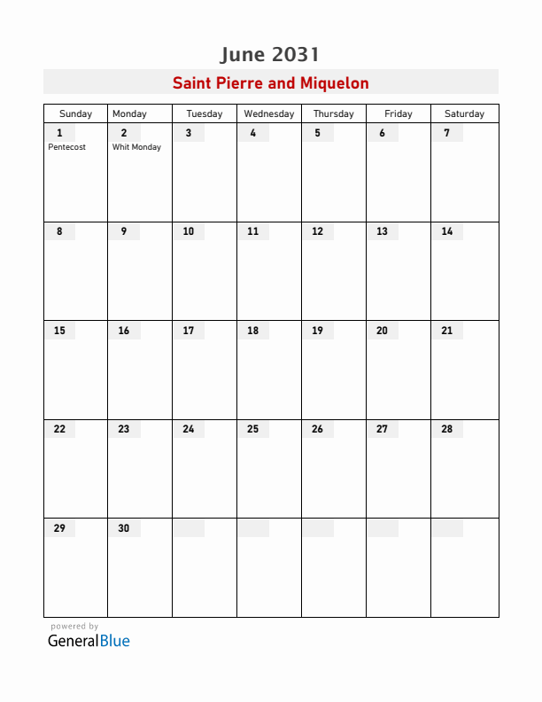 Saint Pierre and Miquelon June 2031 Calendar with Holidays