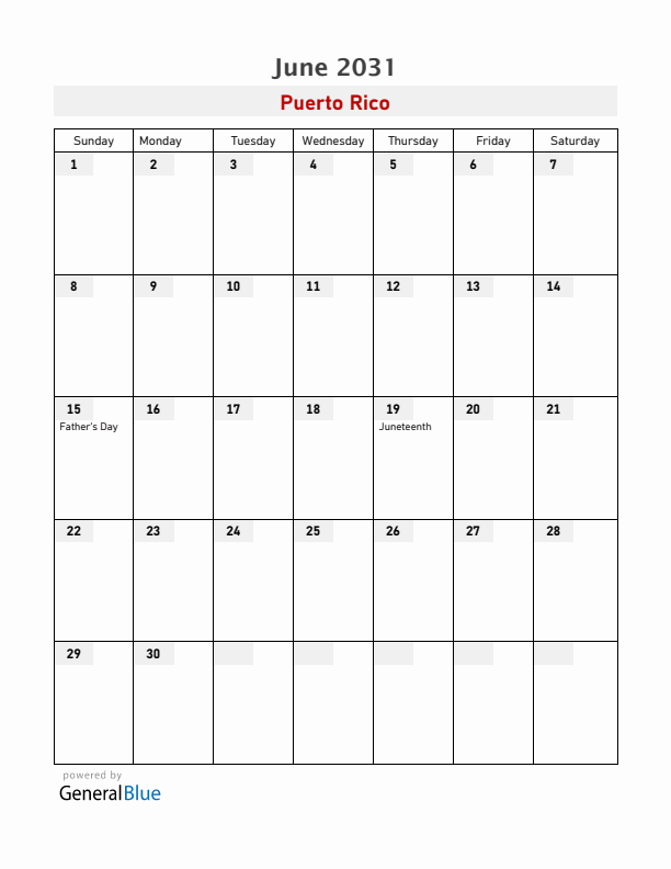 Puerto Rico June 2031 Calendar with Holidays