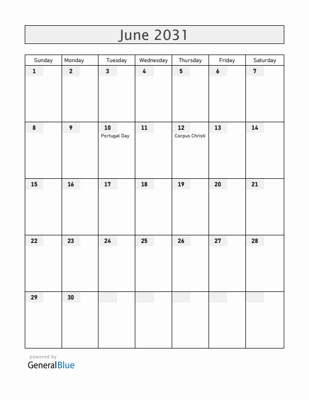 Portugal June 2031 Calendar with Holidays