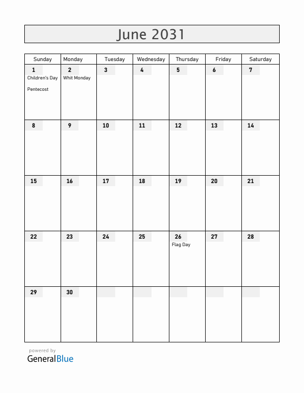 Romania June 2031 Calendar with Holidays