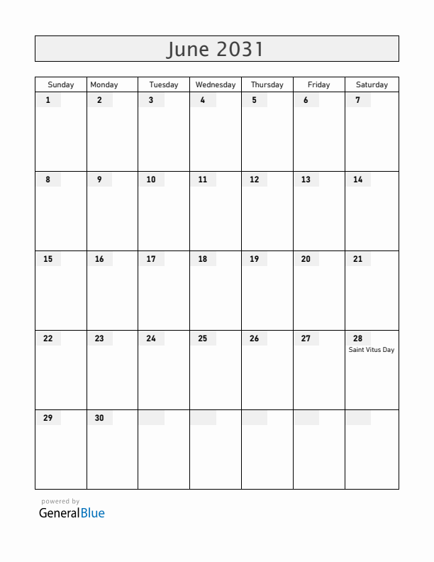 Serbia June 2031 Calendar with Holidays