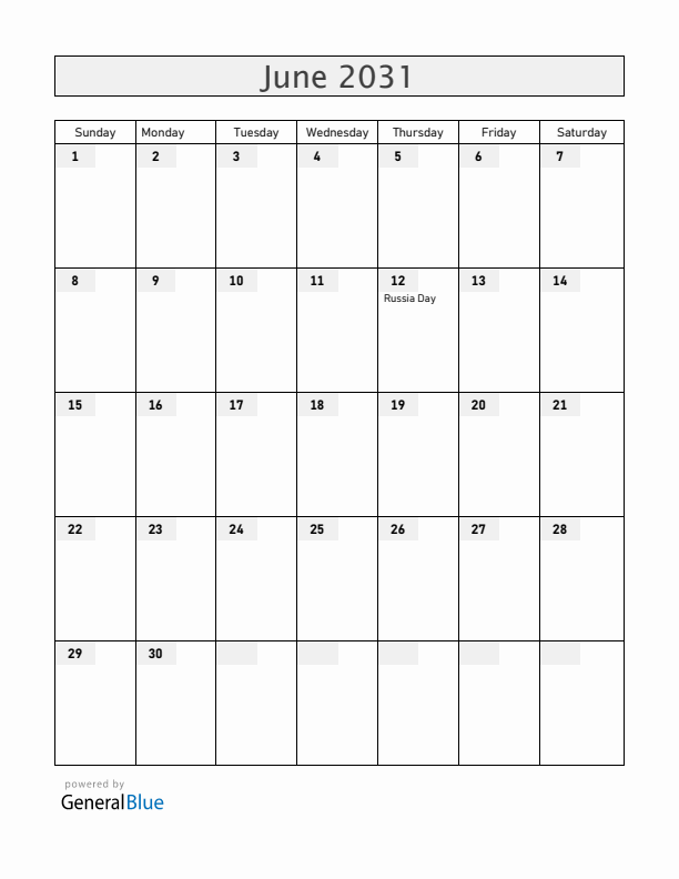 Russia June 2031 Calendar with Holidays