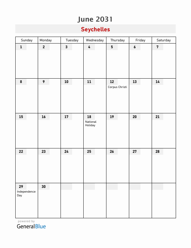 Seychelles June 2031 Calendar with Holidays