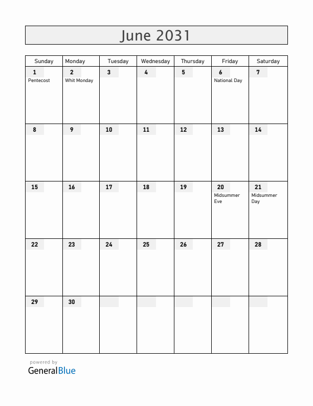 Sweden June 2031 Calendar with Holidays