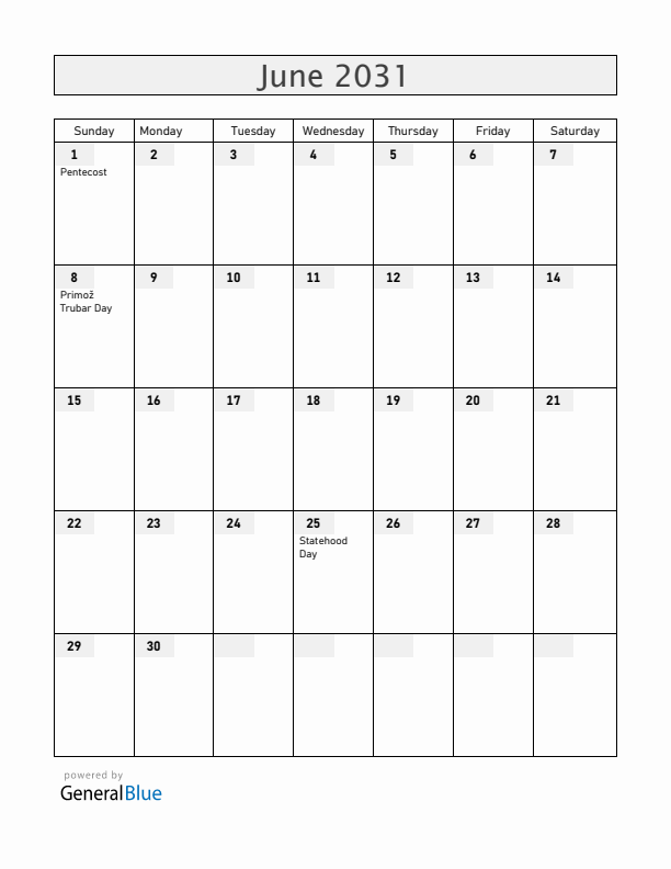 Slovenia June 2031 Calendar with Holidays