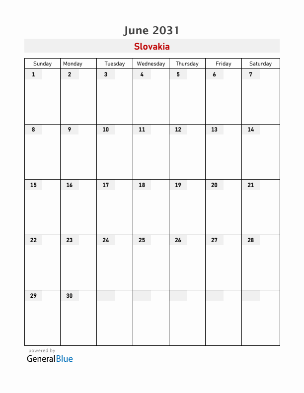 Slovakia June 2031 Calendar with Holidays