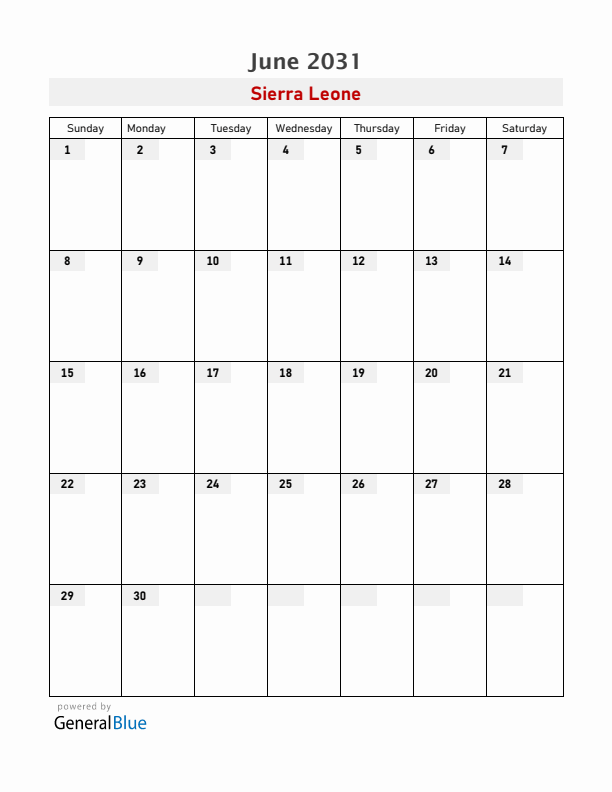 Sierra Leone June 2031 Calendar with Holidays