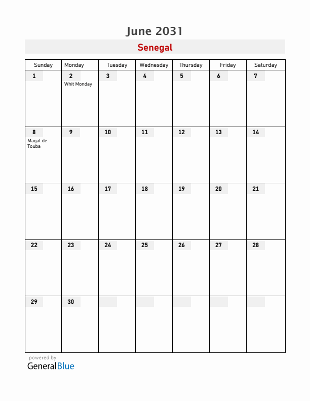 Senegal June 2031 Calendar with Holidays