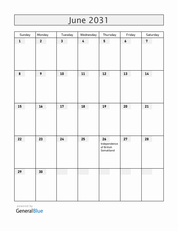 Somalia June 2031 Calendar with Holidays