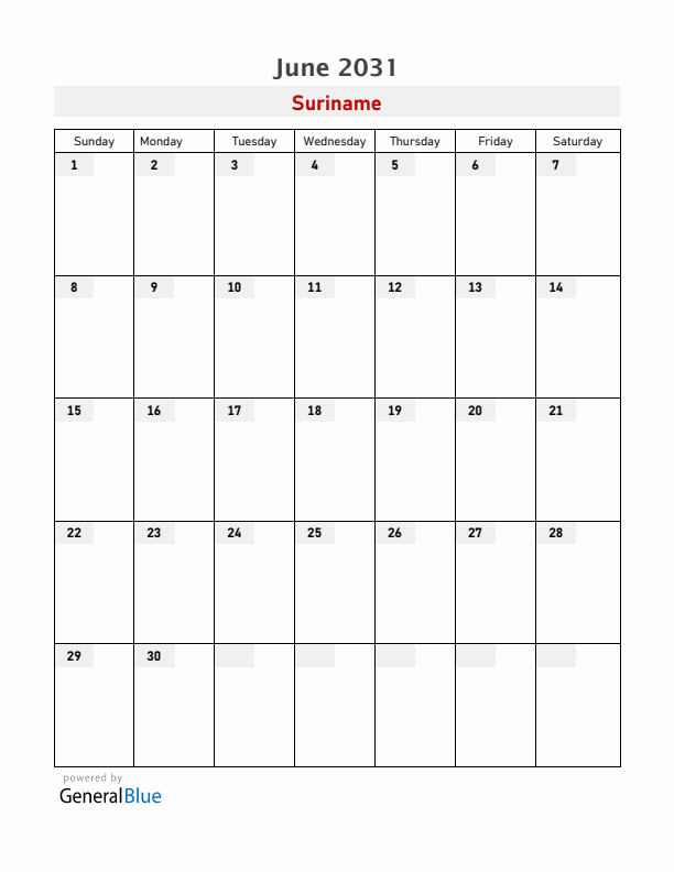 Suriname June 2031 Calendar with Holidays