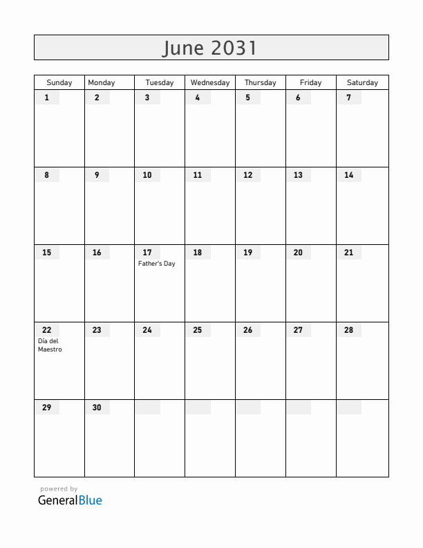El Salvador June 2031 Calendar with Holidays