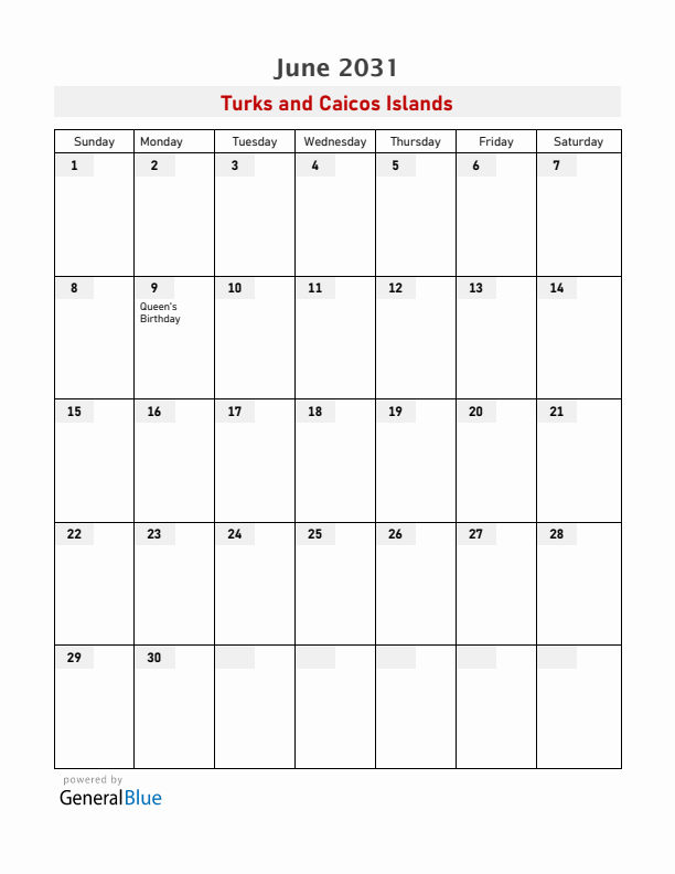 Turks and Caicos Islands June 2031 Calendar with Holidays