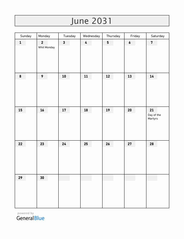 Togo June 2031 Calendar with Holidays