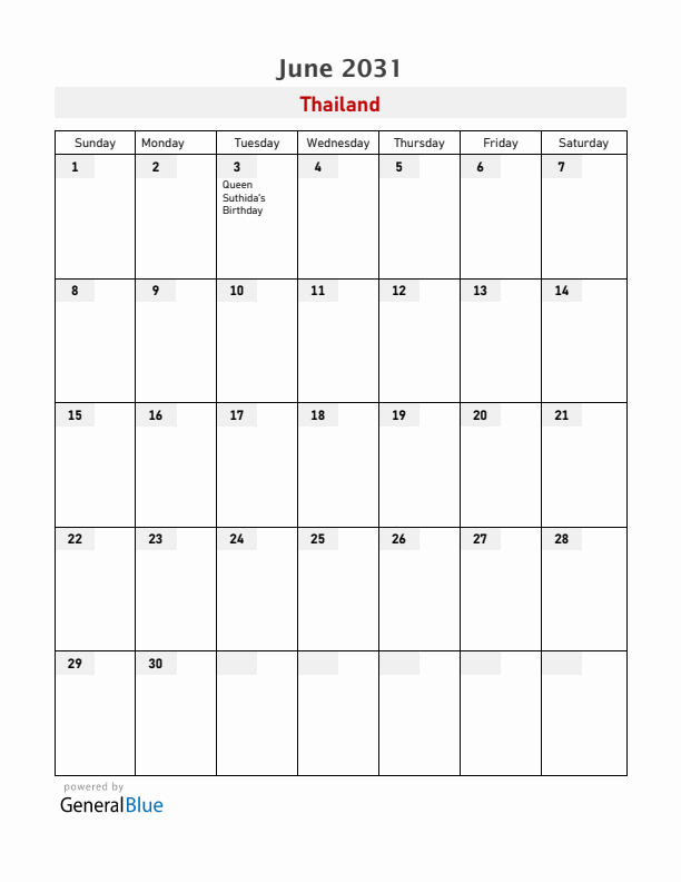 Thailand June 2031 Calendar with Holidays