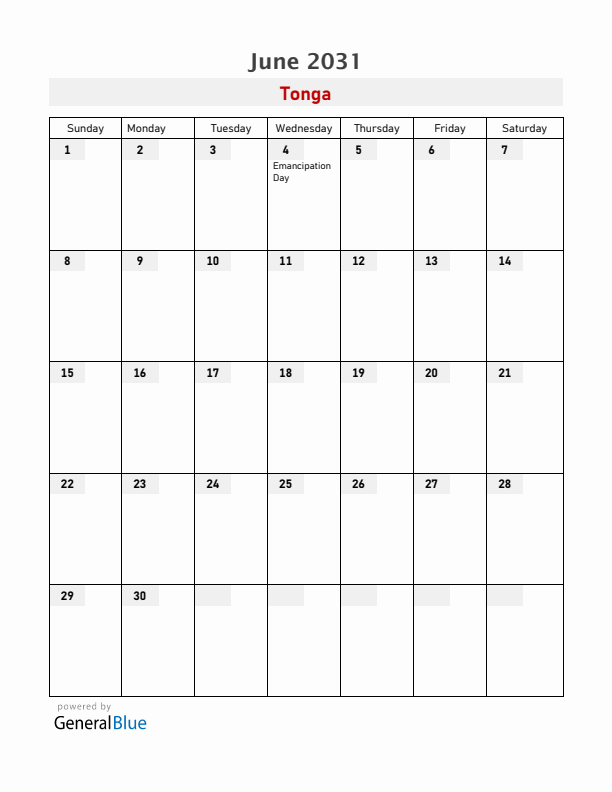 Tonga June 2031 Calendar with Holidays