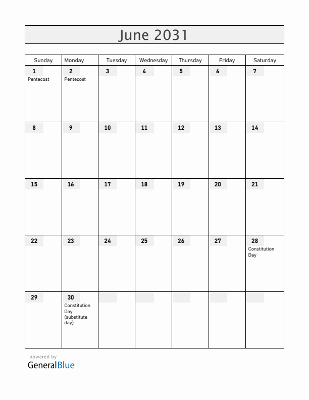 Ukraine June 2031 Calendar with Holidays