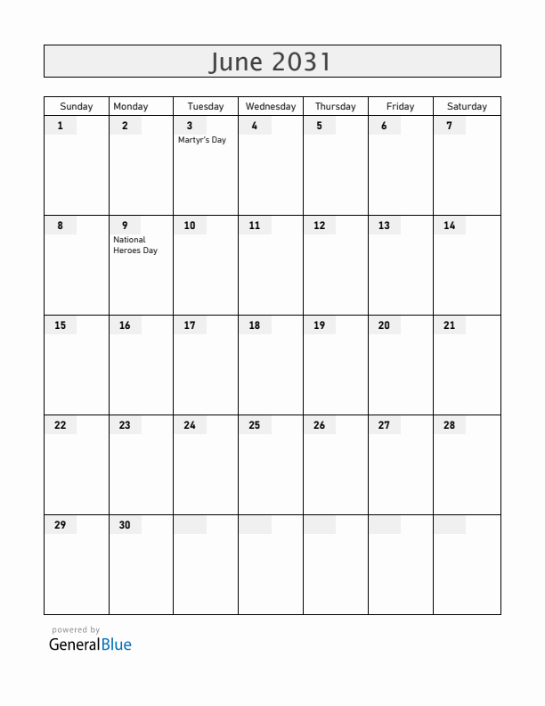 Uganda June 2031 Calendar with Holidays