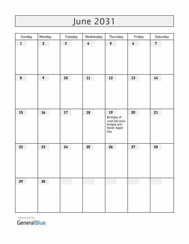 Uruguay June 2031 Calendar with Holidays