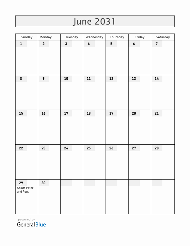 Vatican June 2031 Calendar with Holidays