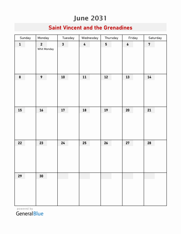 Saint Vincent and the Grenadines June 2031 Calendar with Holidays