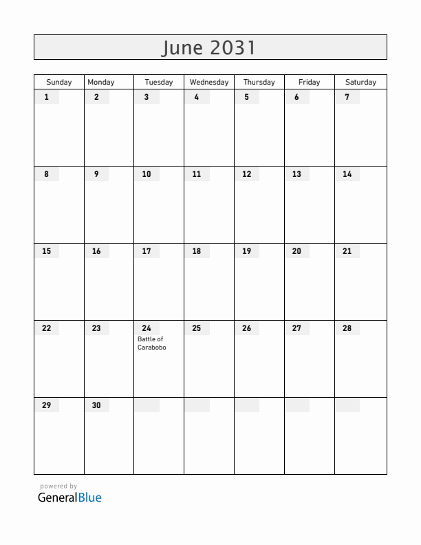 Venezuela June 2031 Calendar with Holidays
