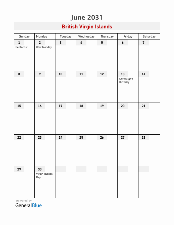 British Virgin Islands June 2031 Calendar with Holidays