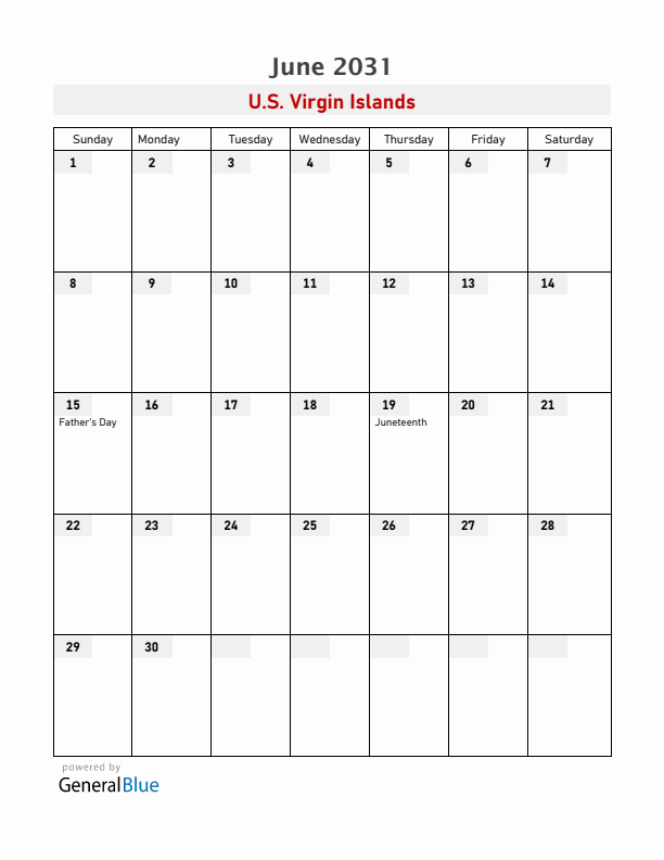 U.S. Virgin Islands June 2031 Calendar with Holidays