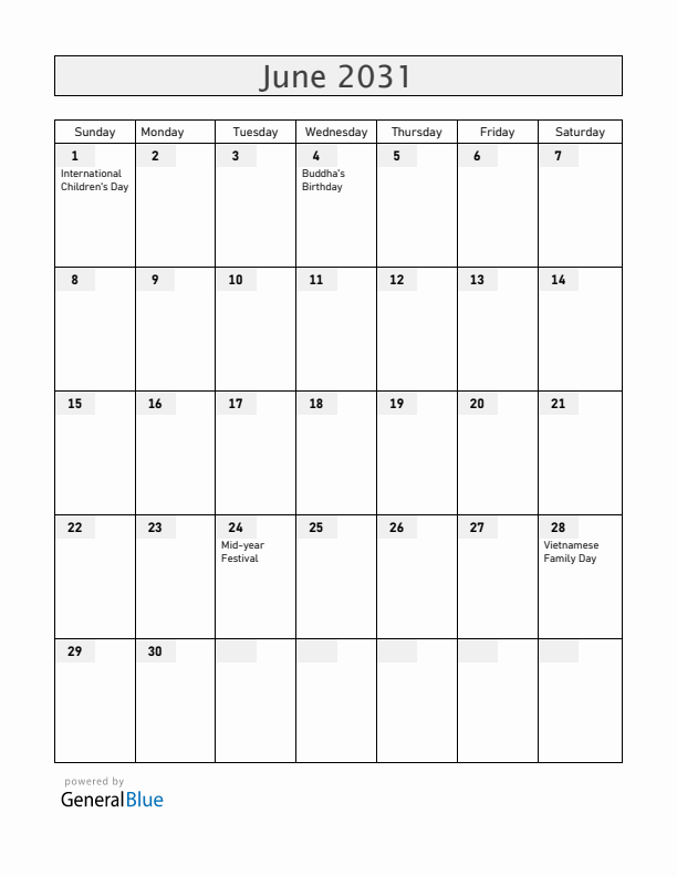 Vietnam June 2031 Calendar with Holidays