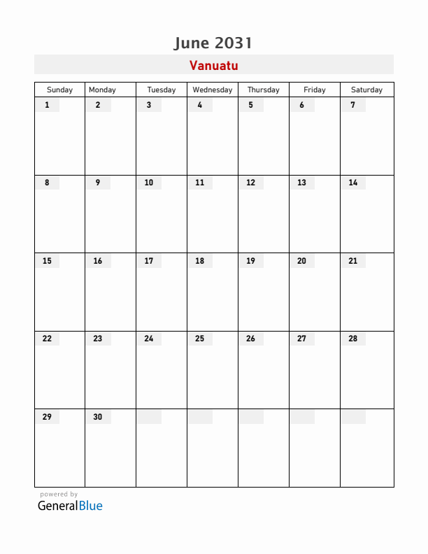 Vanuatu June 2031 Calendar with Holidays