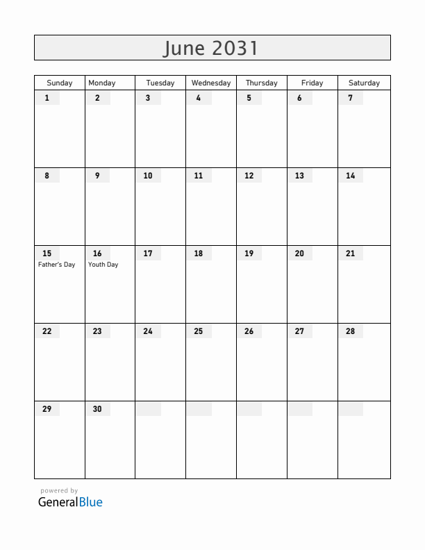 South Africa June 2031 Calendar with Holidays